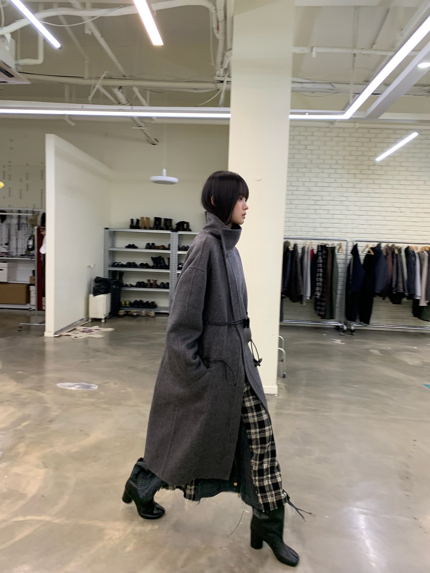 Long wool coat with diagonal placket