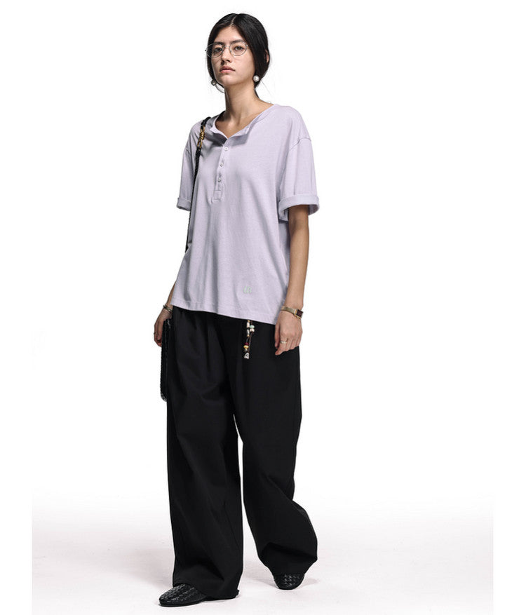 Letter-Embroidered Henley Collar T-Shirt