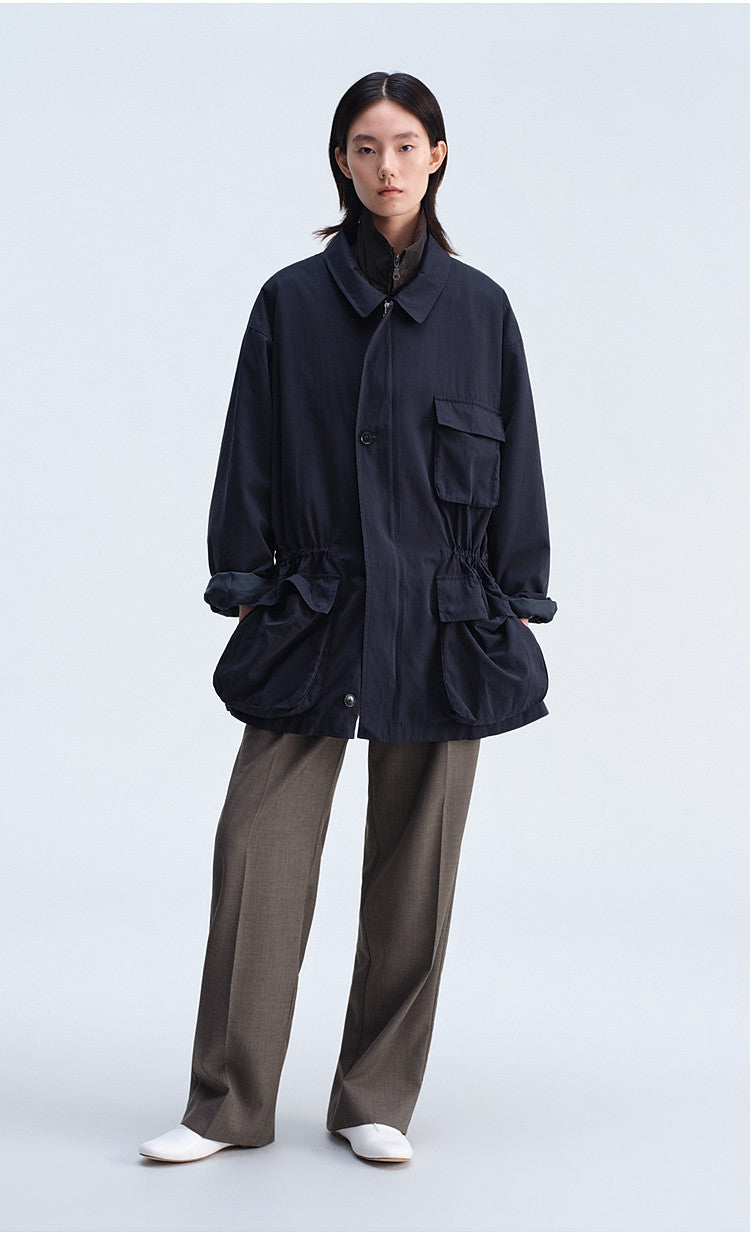 Work Jacket with Waist Drawstring and Relaxed Fit