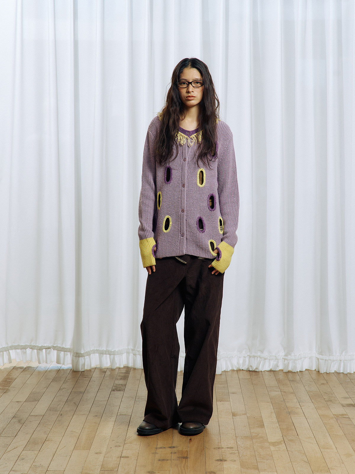 Hollowed-out wool blend cardigan