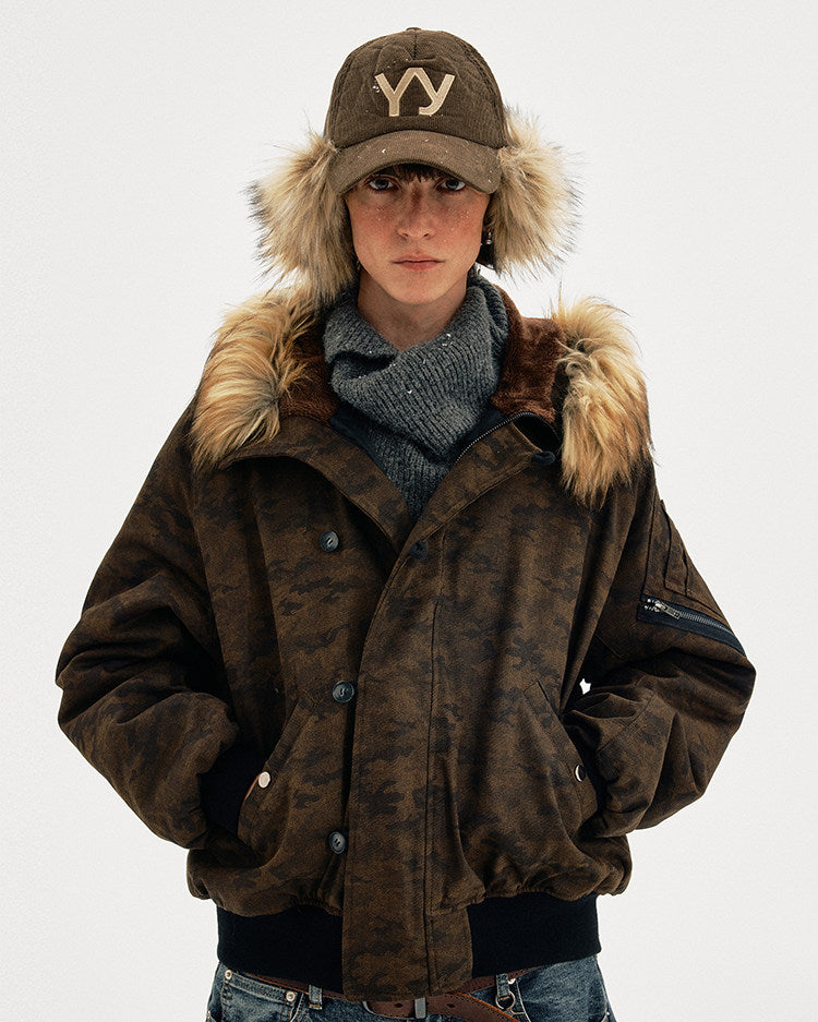 Distressed finish camouflage fur-collar jacket