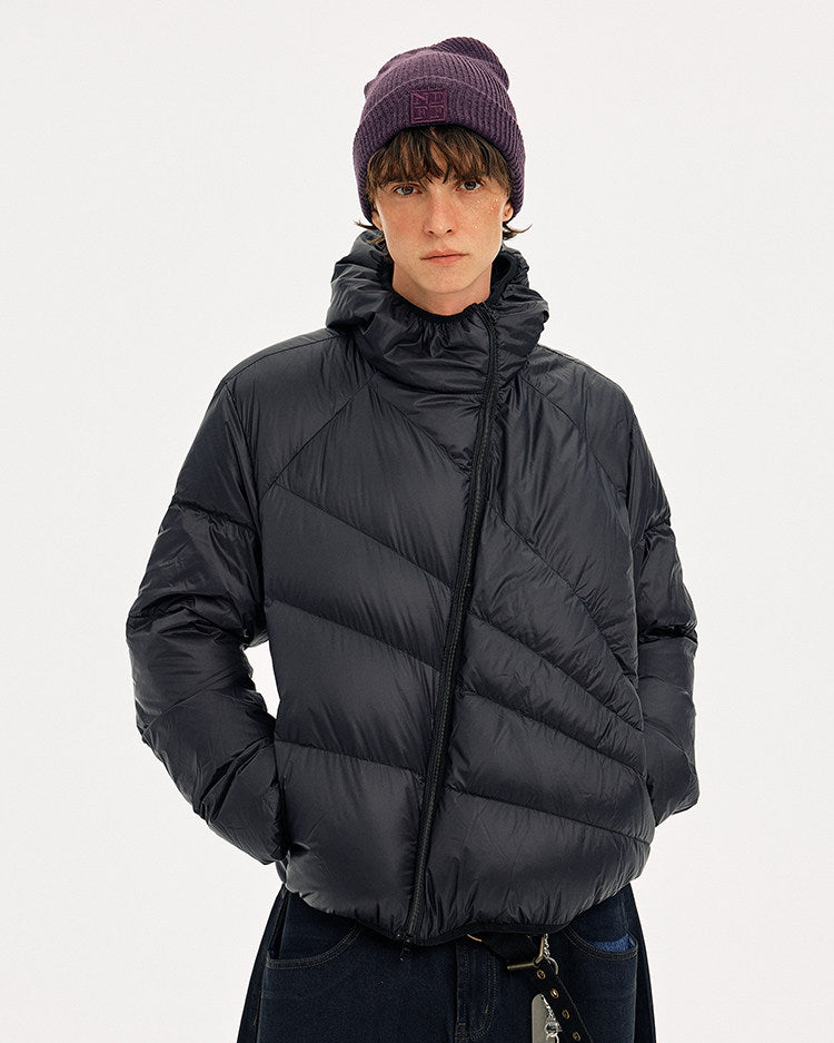 Diagonal Zipper Hooded Lightweight Down Jacket
