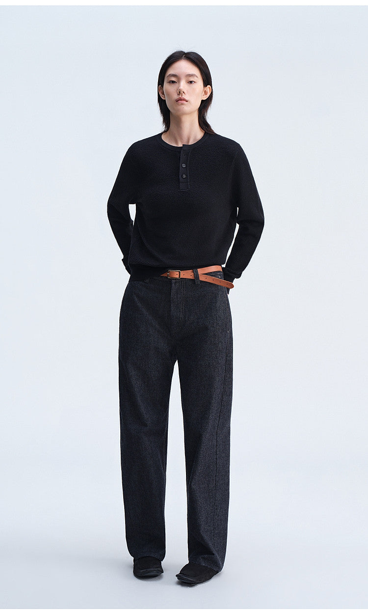 Henry-Collar Button-Down Shirt
