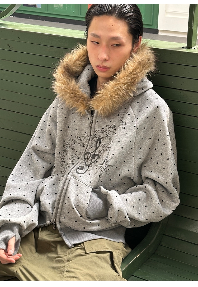 Heart-Print Polka Dot Hooded Sweatshirt