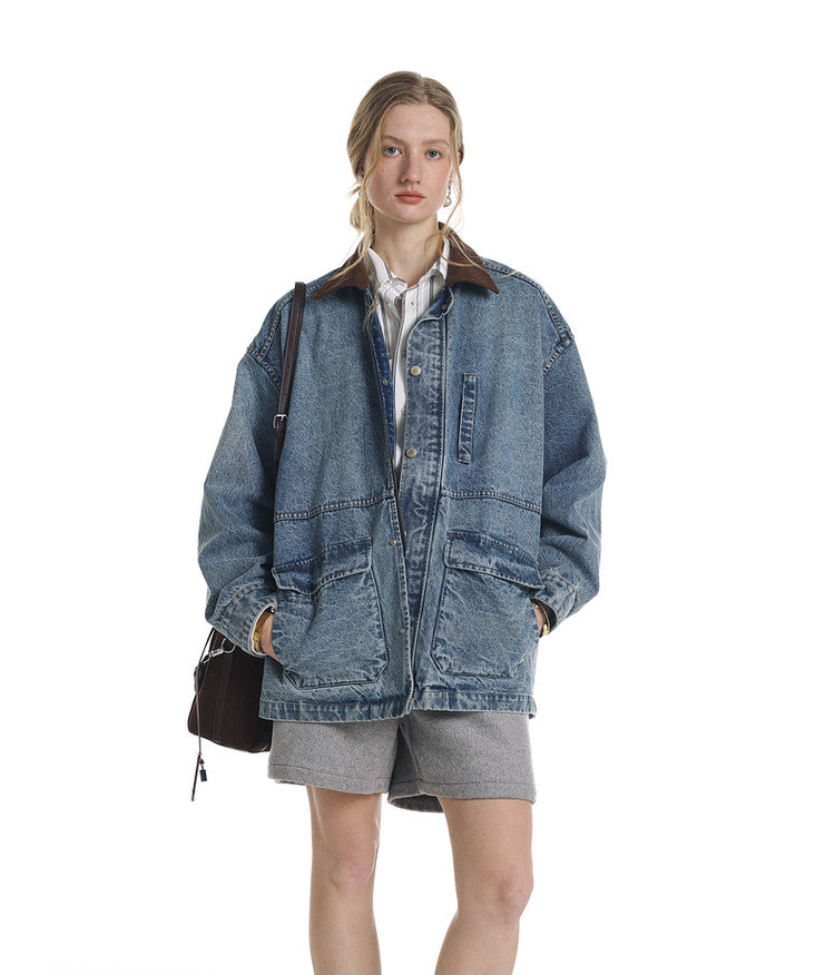 Vintage Denim Jacket with Washed Suede Collar
