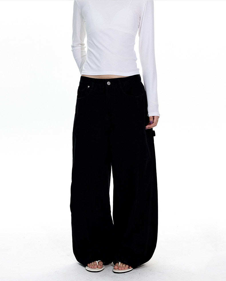 Wash-processed distressed loose denim pants