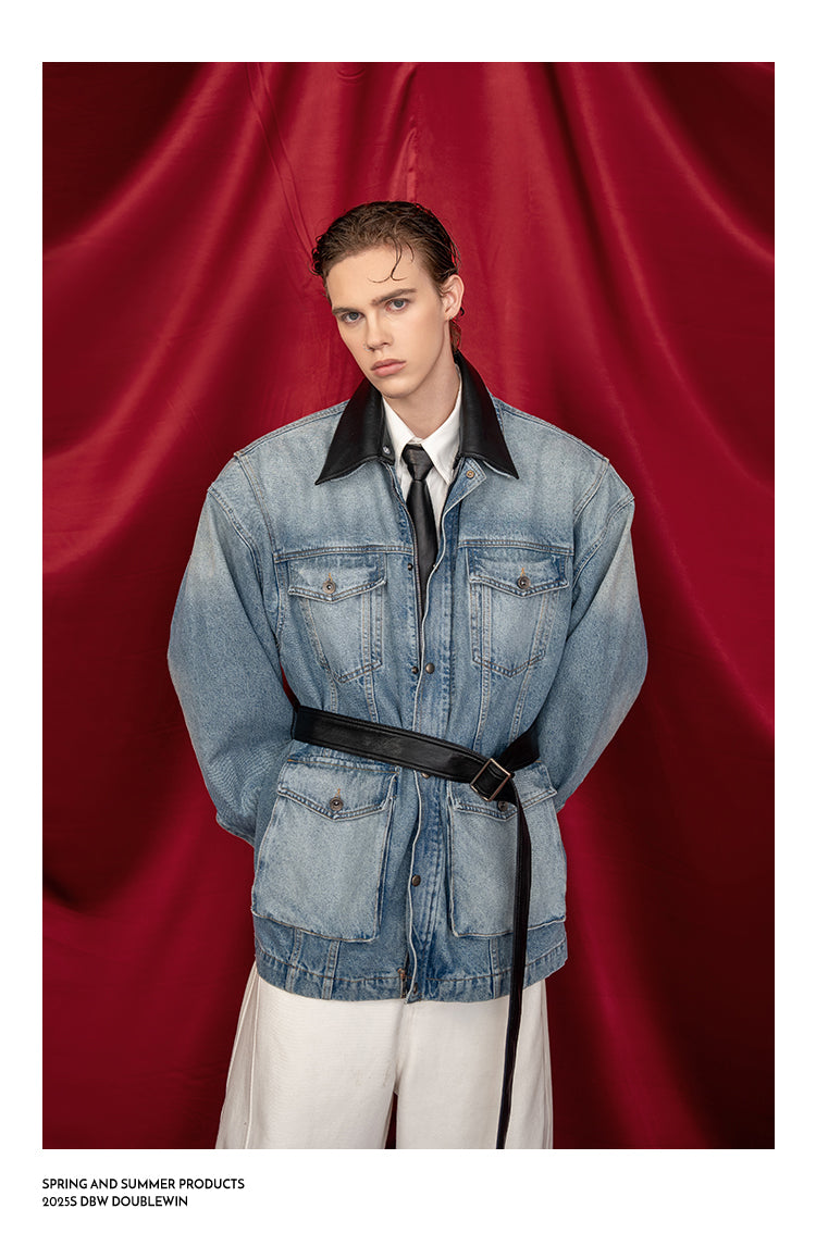 Detachable Leather Collar Denim Jacket