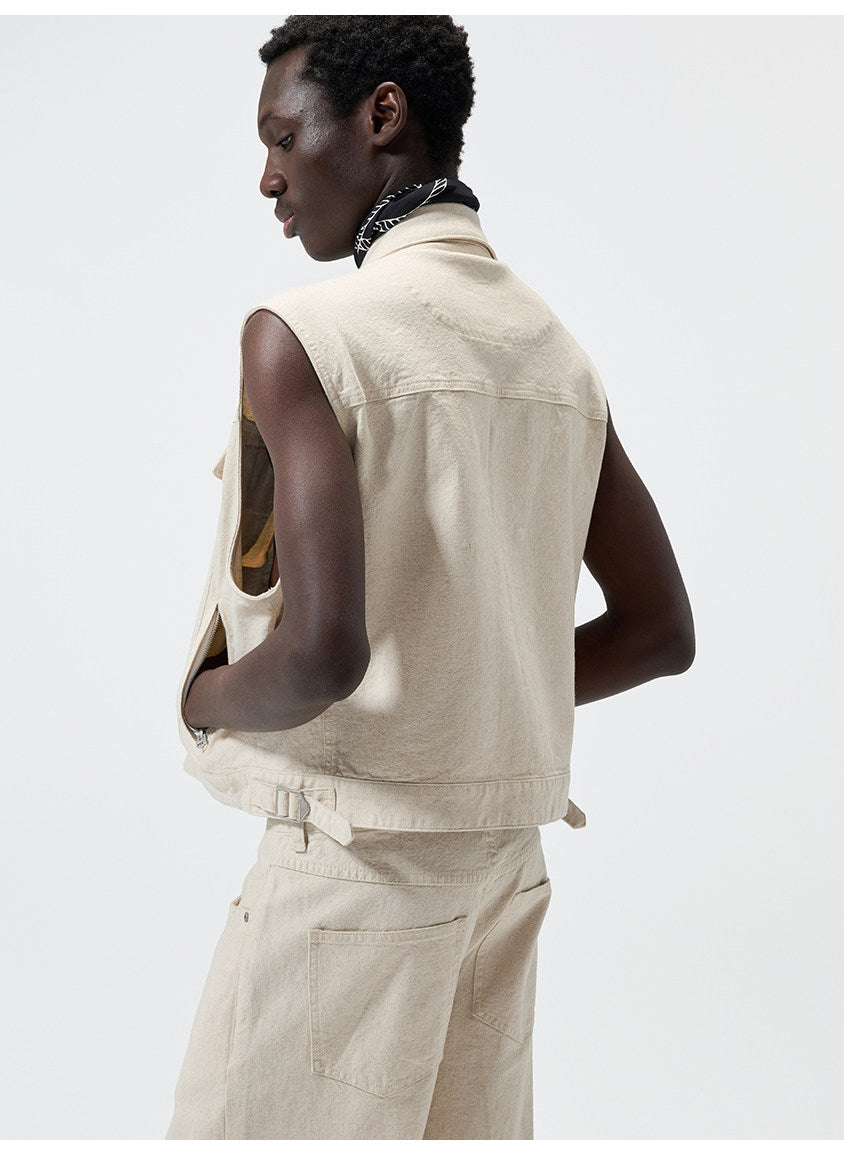 Cuban-Collar Short Denim Vest