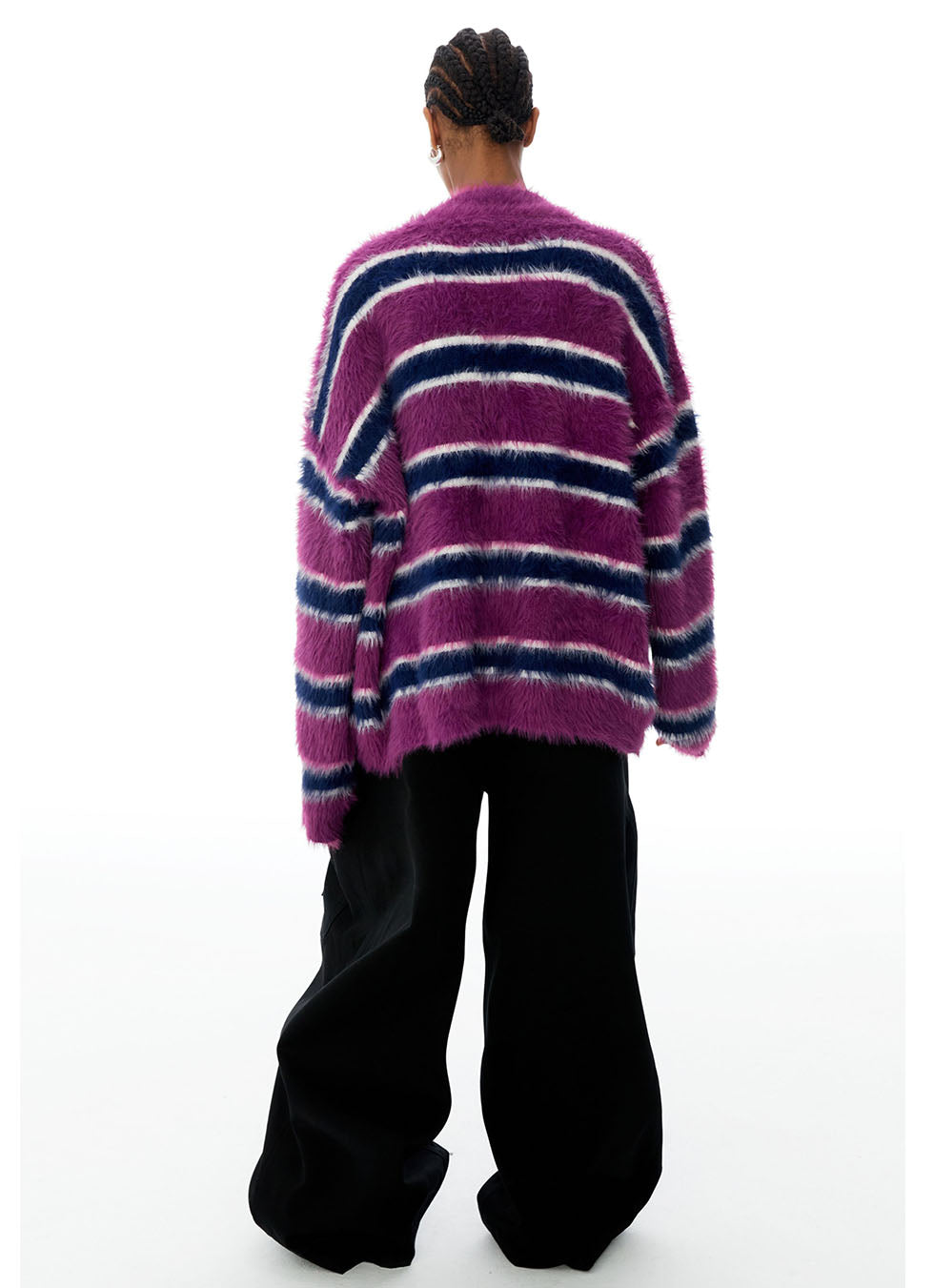 Imitation Mohair Stripe Contrast V-Neck Cardigan