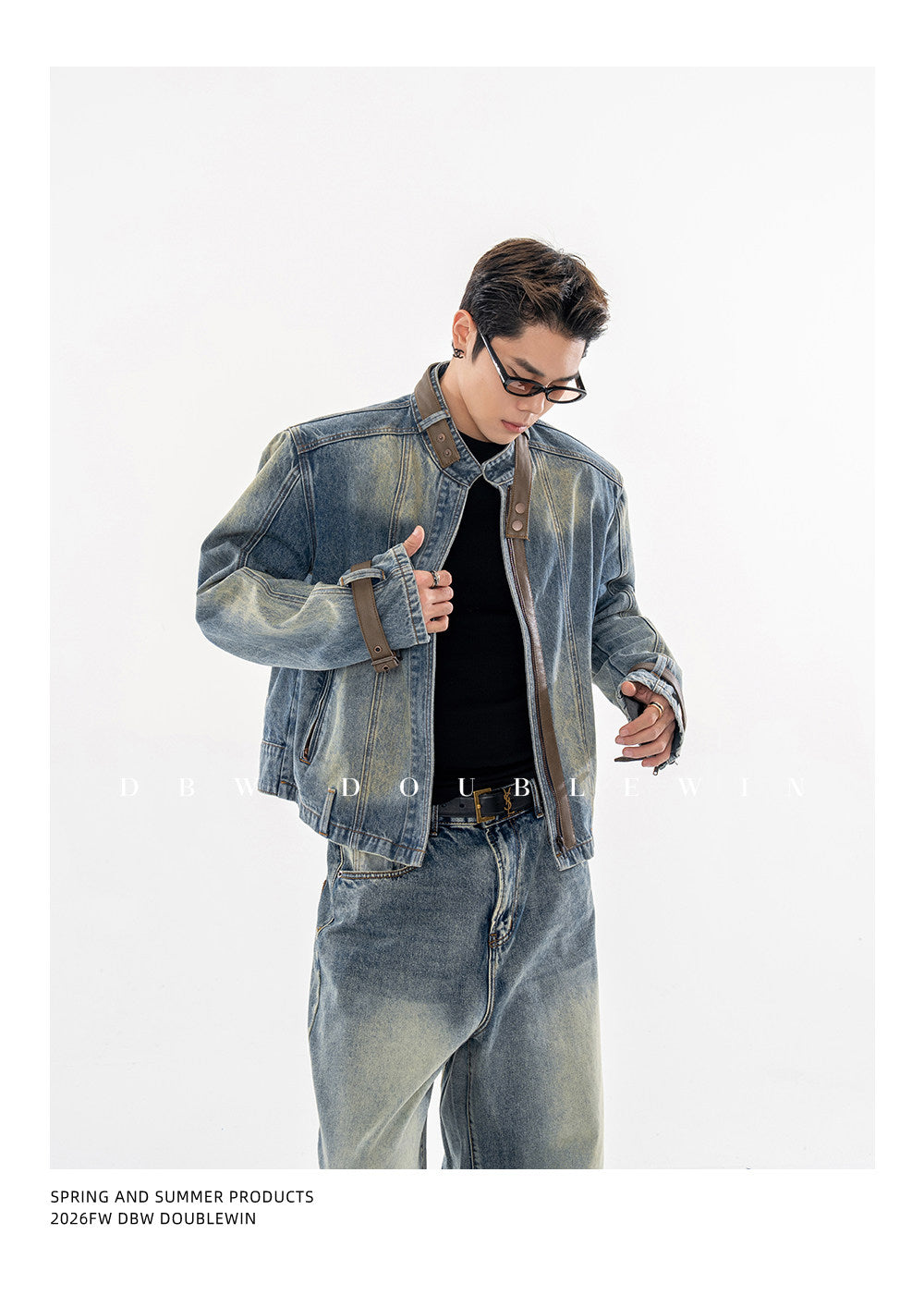 Vintage-Washed Padded-Shoulder Denim Jacket Set