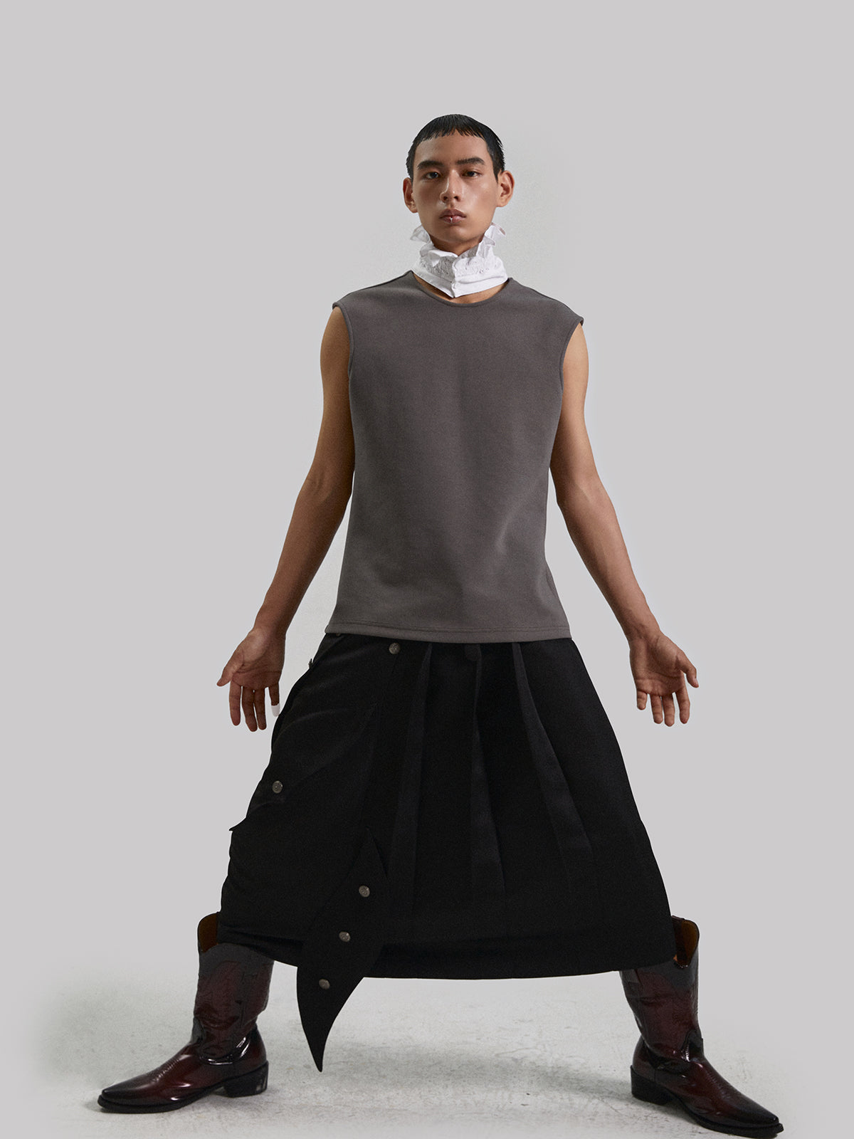 Unisex Pleated Asymmetrical Button Long Skirt