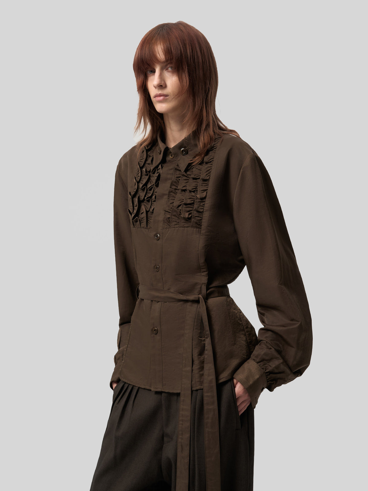 Copper Satin Silk Frilled Waist Shirt