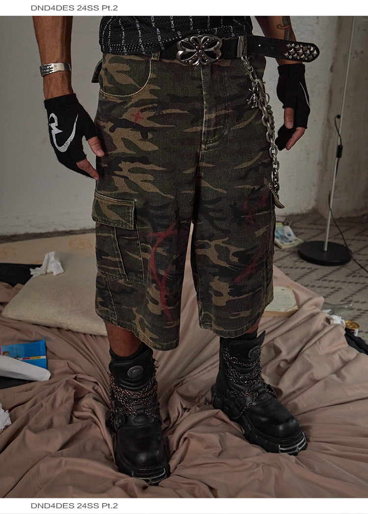 Washed camouflage shorts