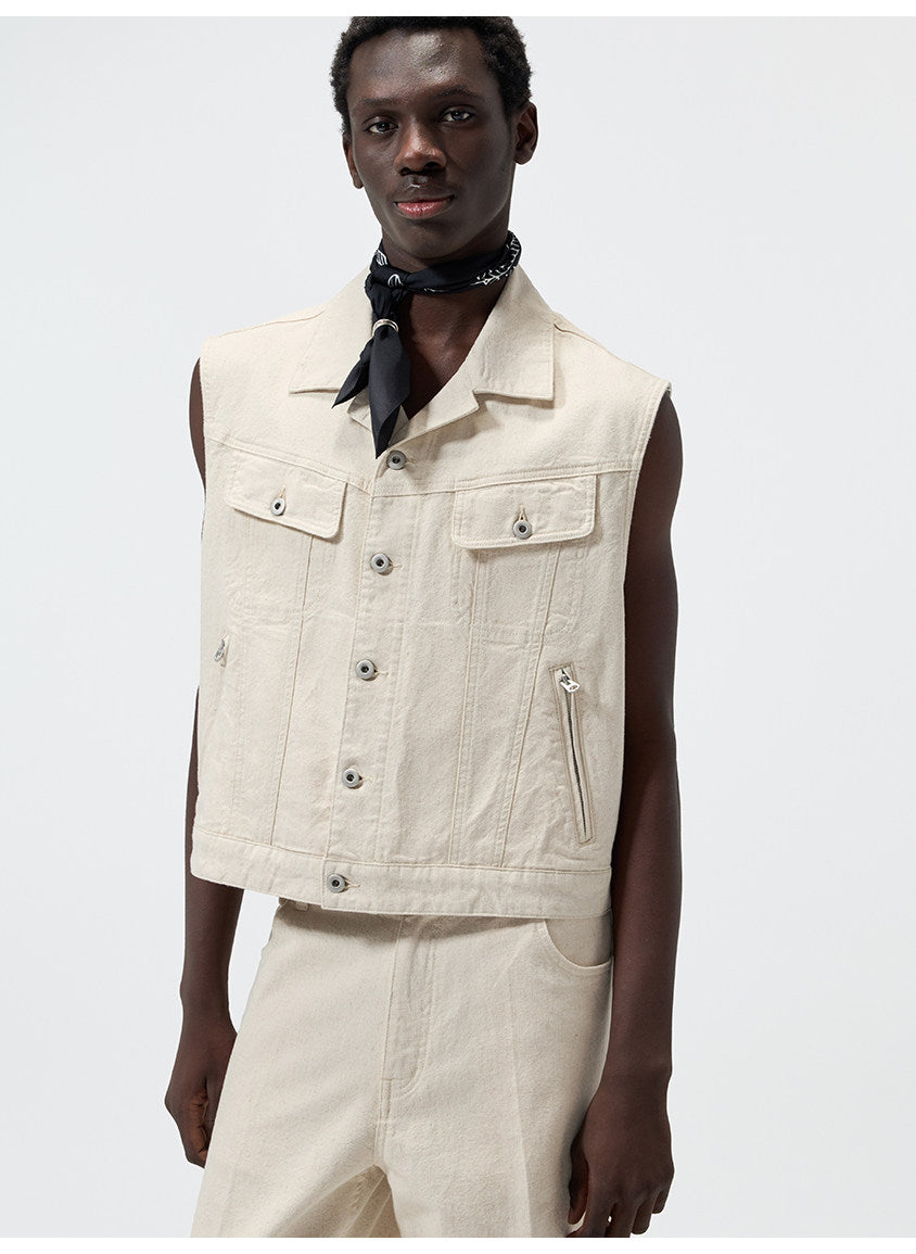 Cuban-Collar Short Denim Vest
