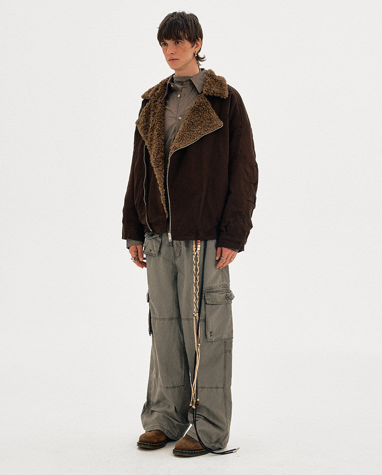 Diagonal Zipper Lambswool Collar Cotton Jacket