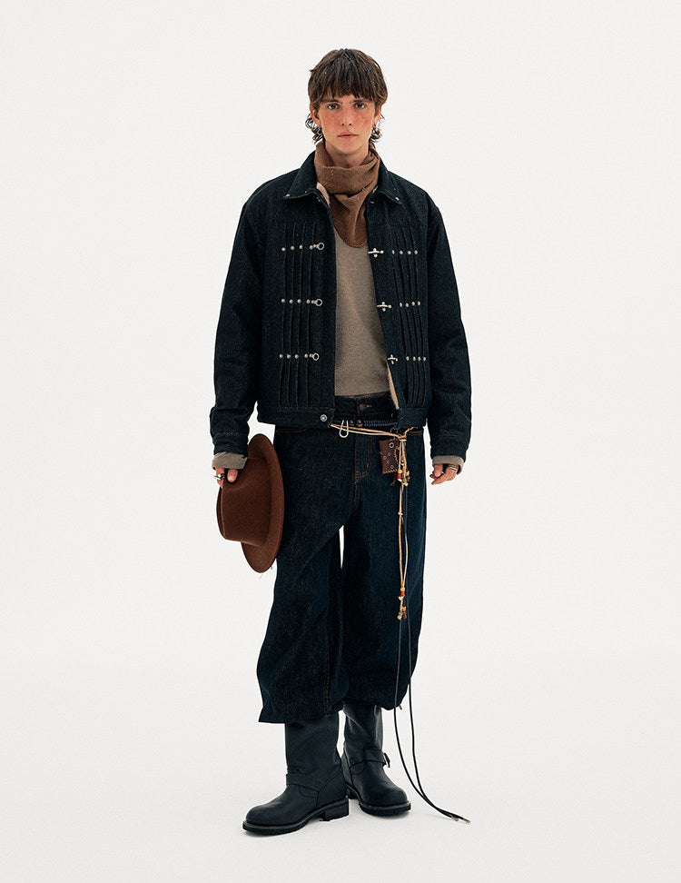 Pleated Airplane Button Denim Jacket
