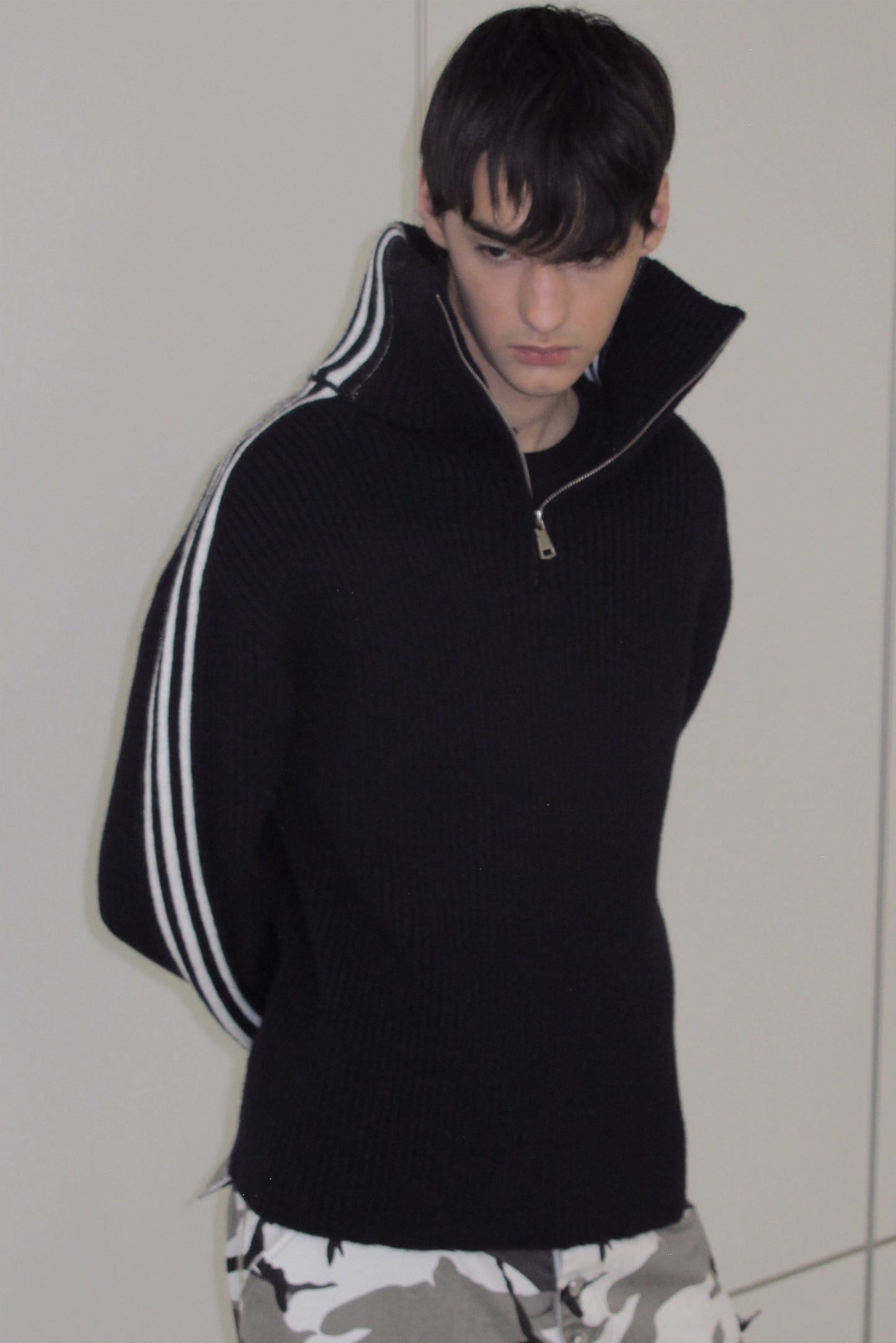 3 Stripe Stand Collar Sweater