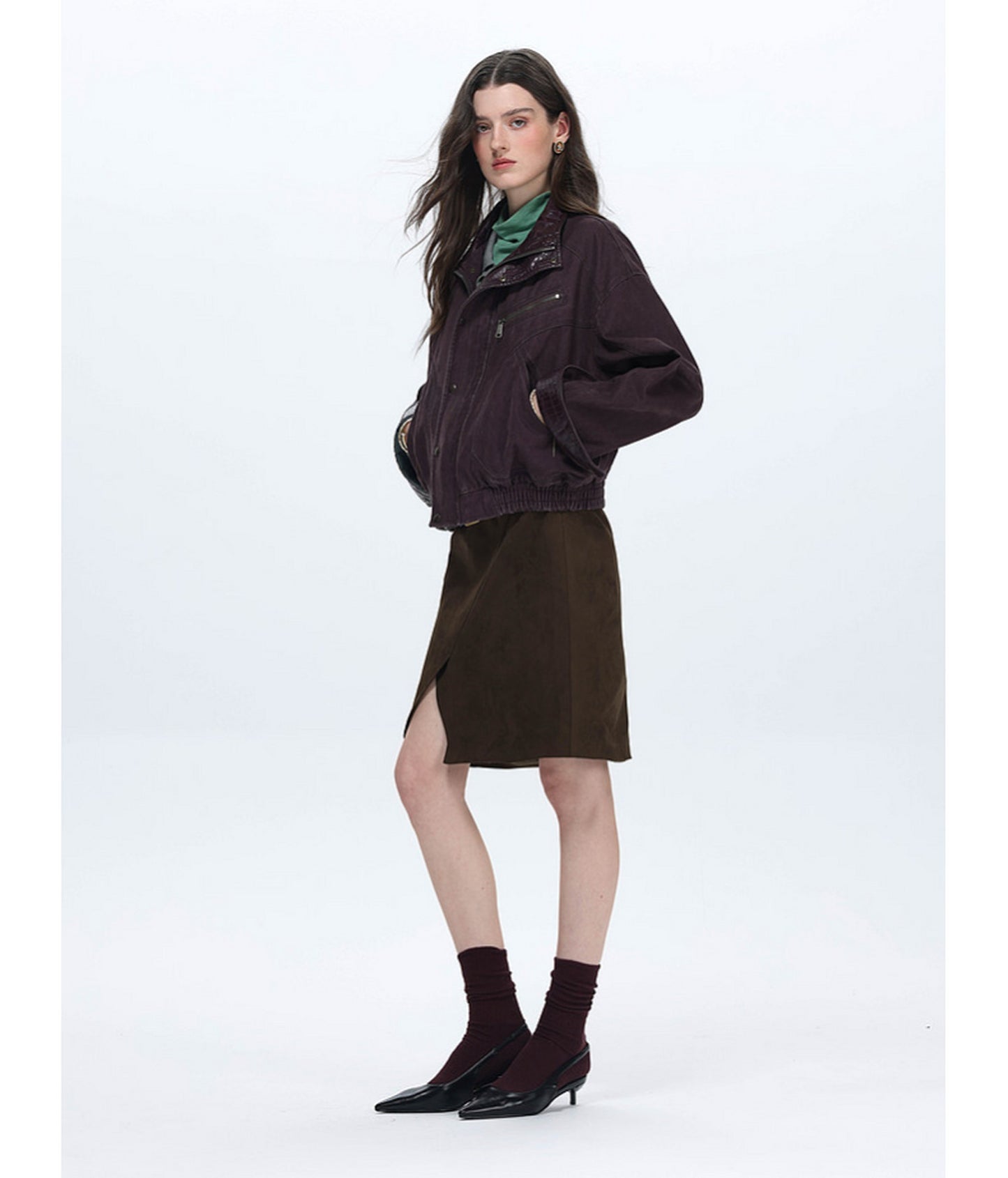Faux Crocodile Leather Stand-Up Collar Jacket