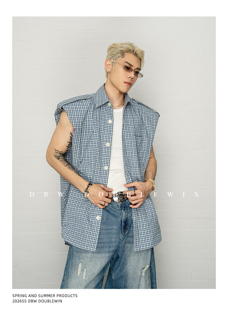 체크 민소매 셔츠