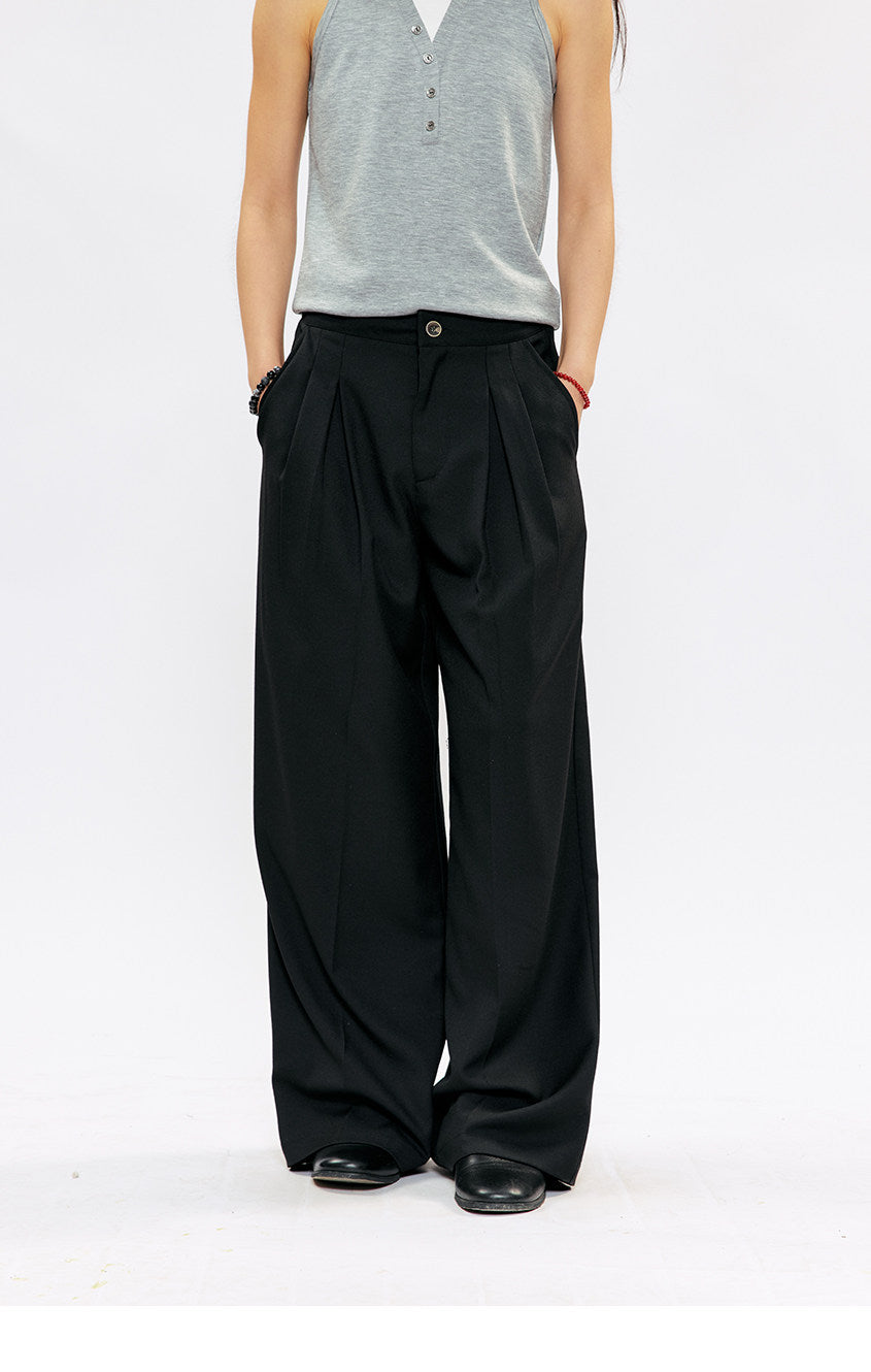 Suspender Buckle Pleated Casual Pants
