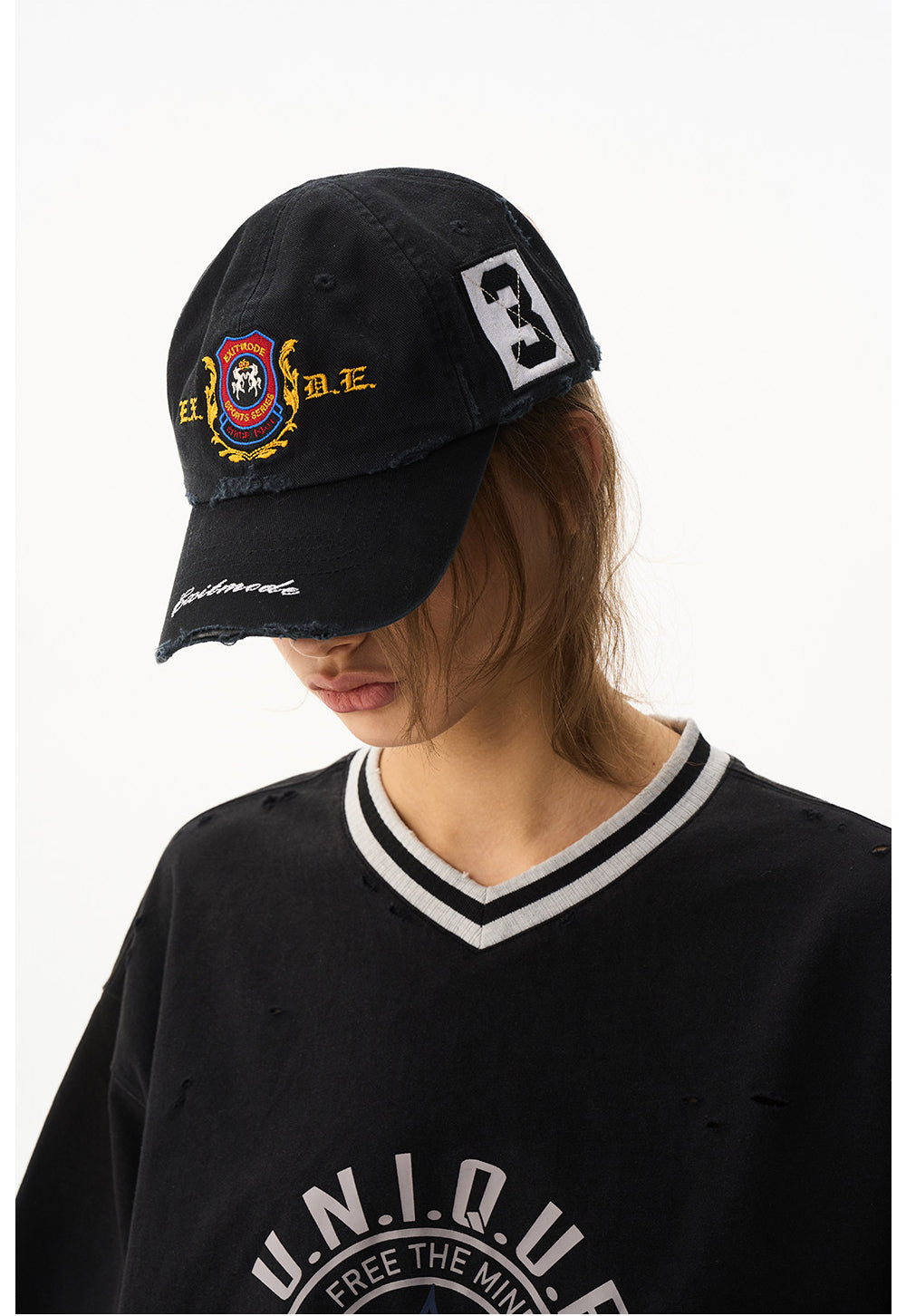 Wash-treated cap with embroidered patch