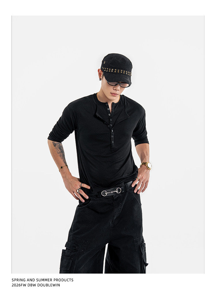 Faux Two-Piece Henley-Neck Shirt