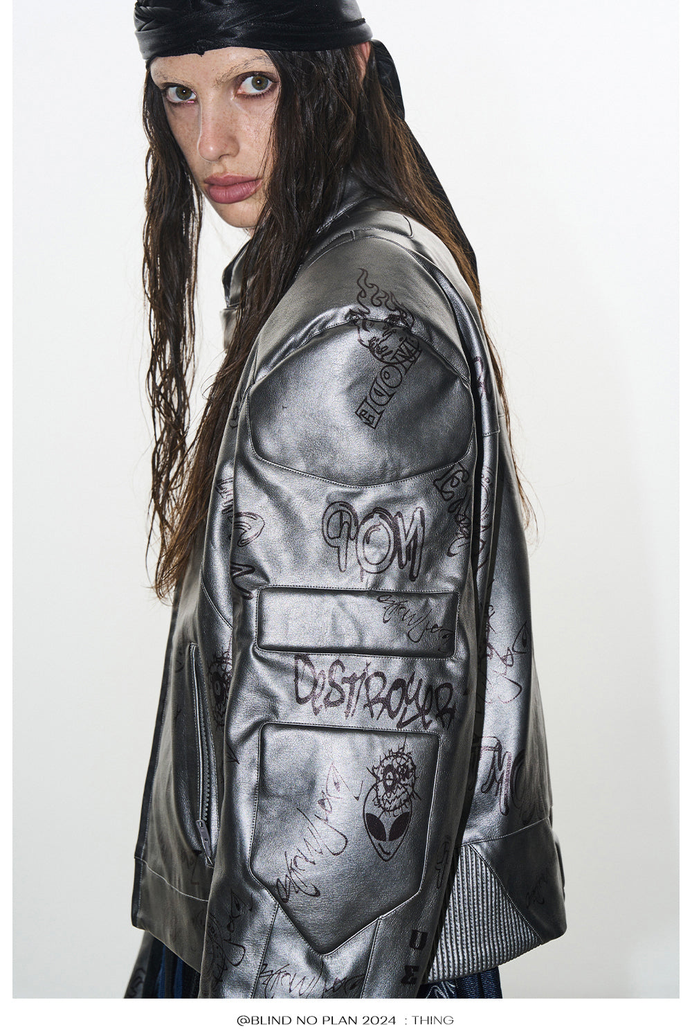 Graffiti print leather jacket