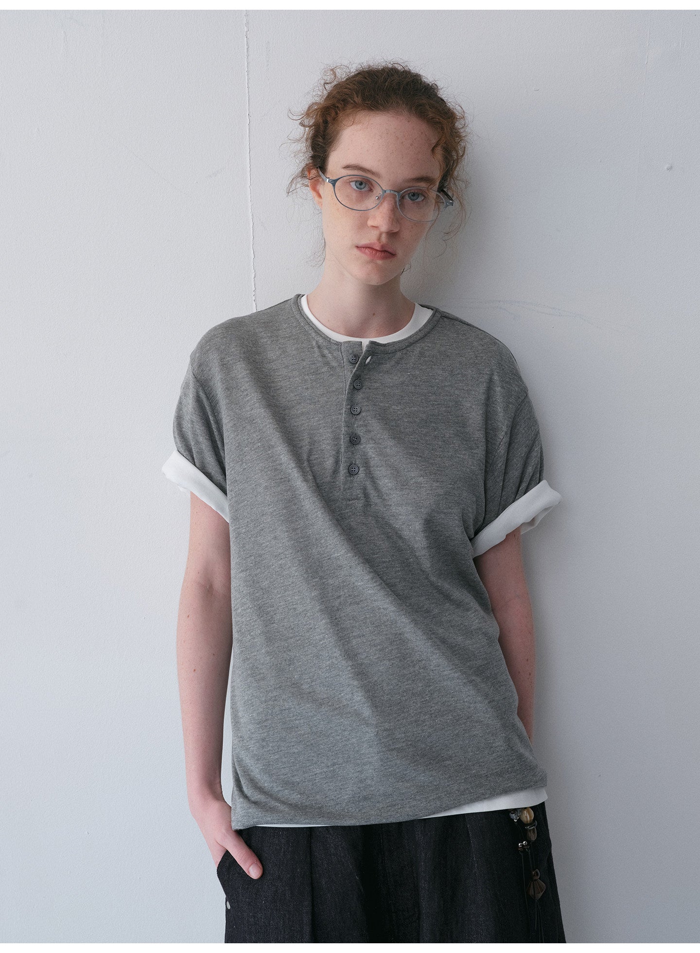 Henry-Collar Drop-Shoulder T-Shirt