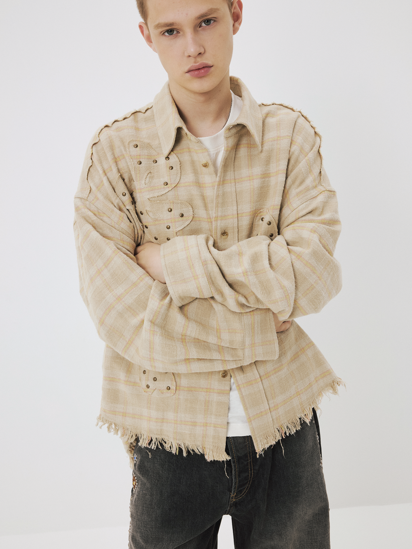 Oversized Patchwork Check Shirt with Studs
