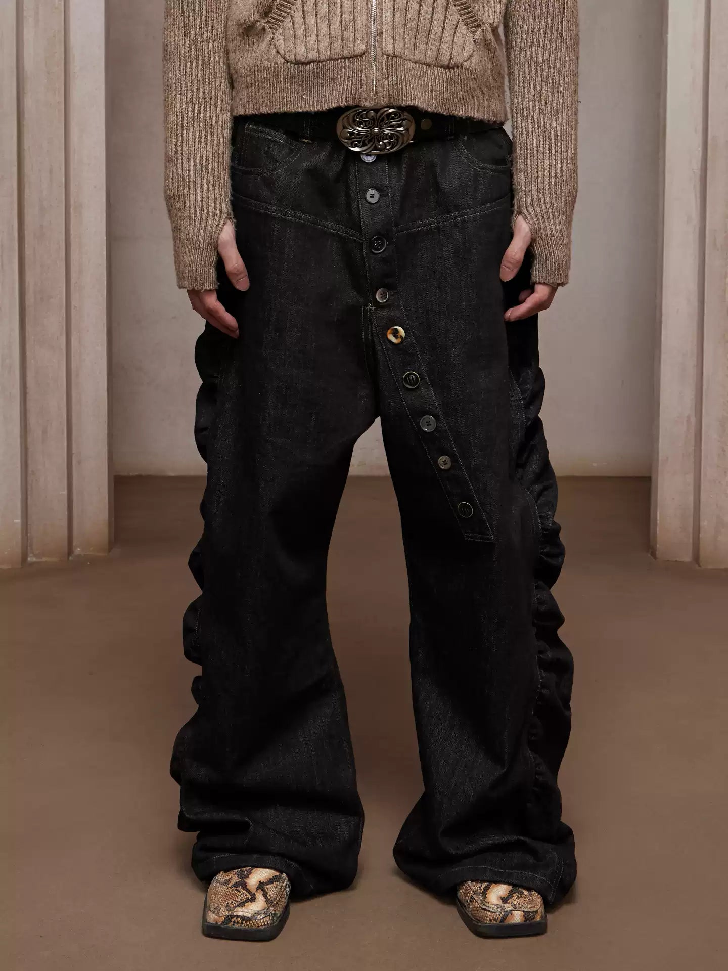 Long Button-Down Baggy Denim Pants