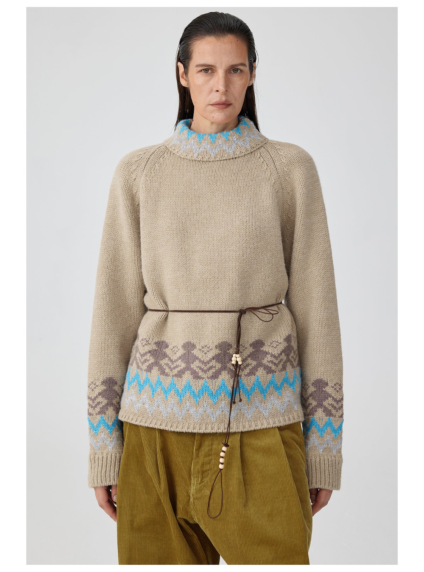 Ethnic Pattern Side Zip Turtleneck Sweater