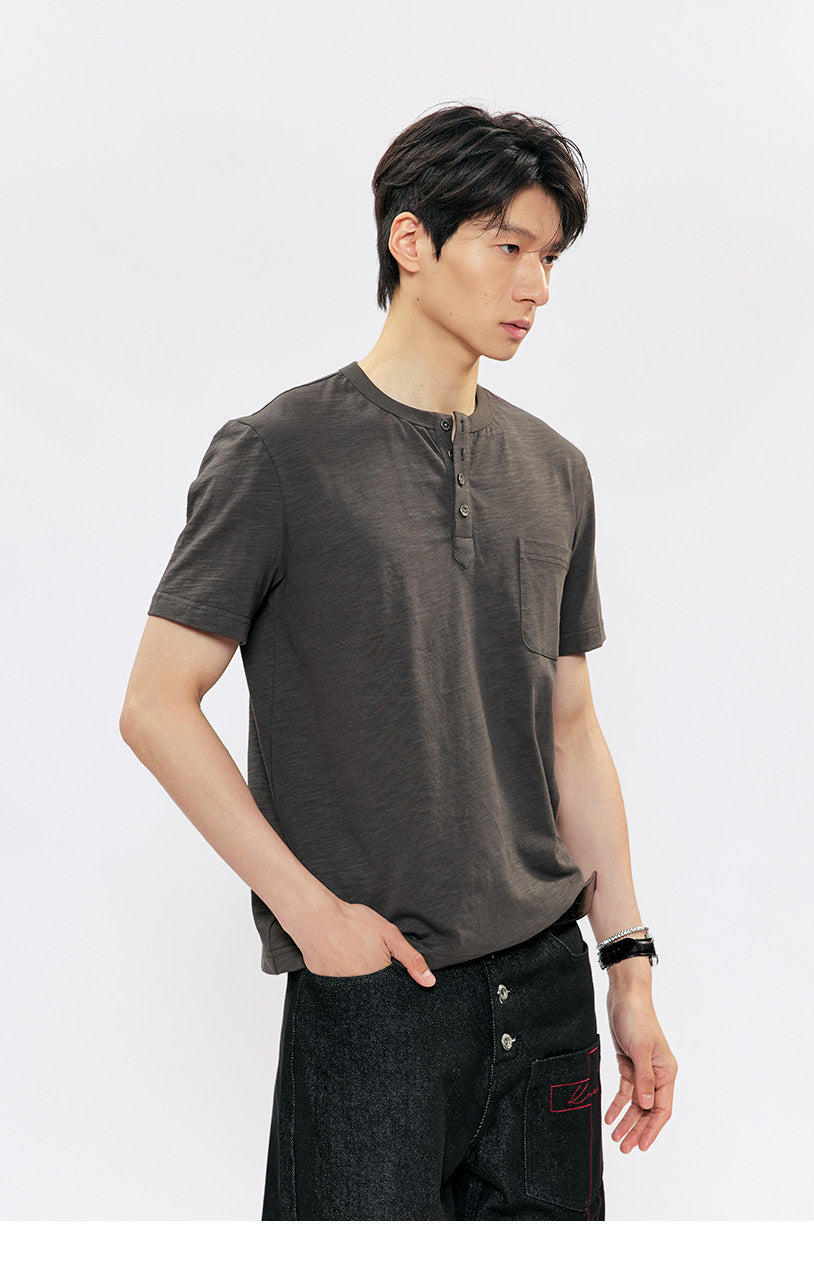 Henry Collar Casual Shoulder Slim T-Shirt