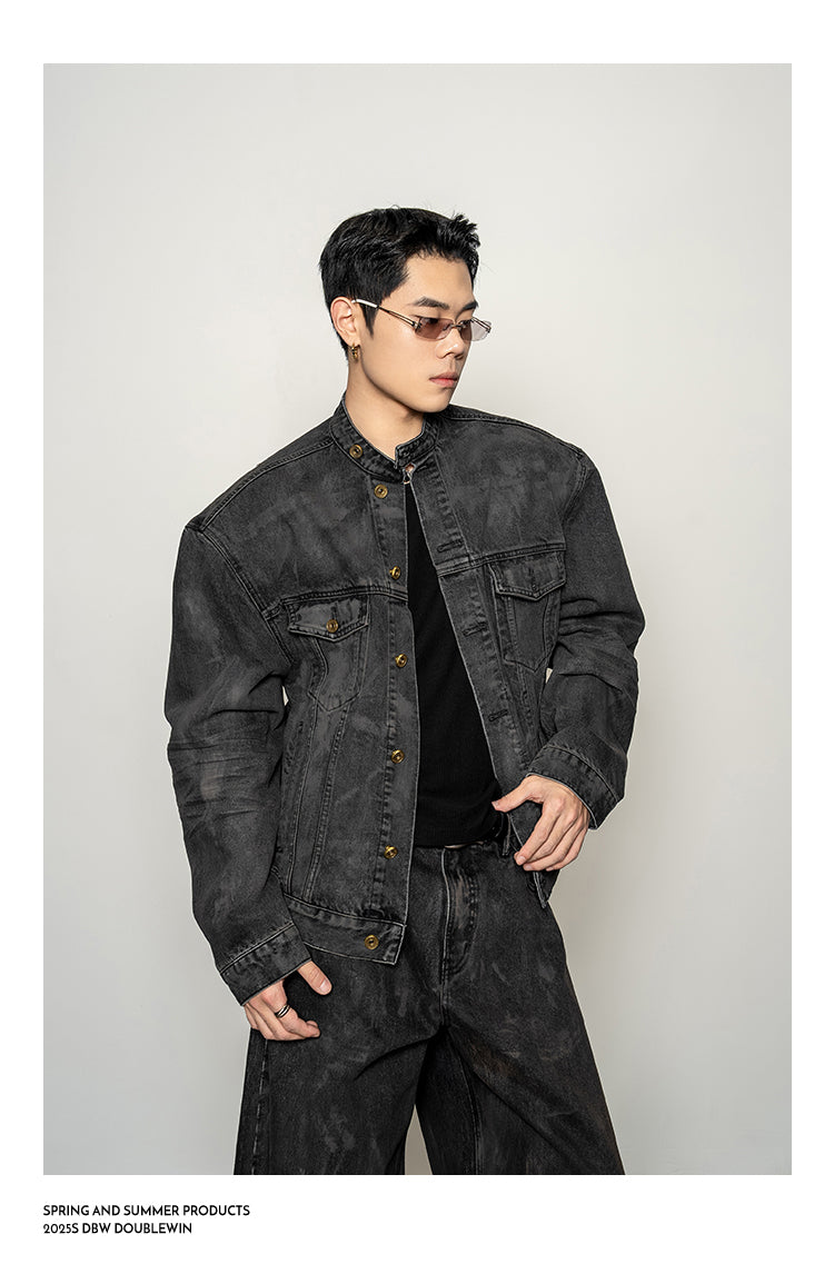 Mud-dyed distressed denim jacket set