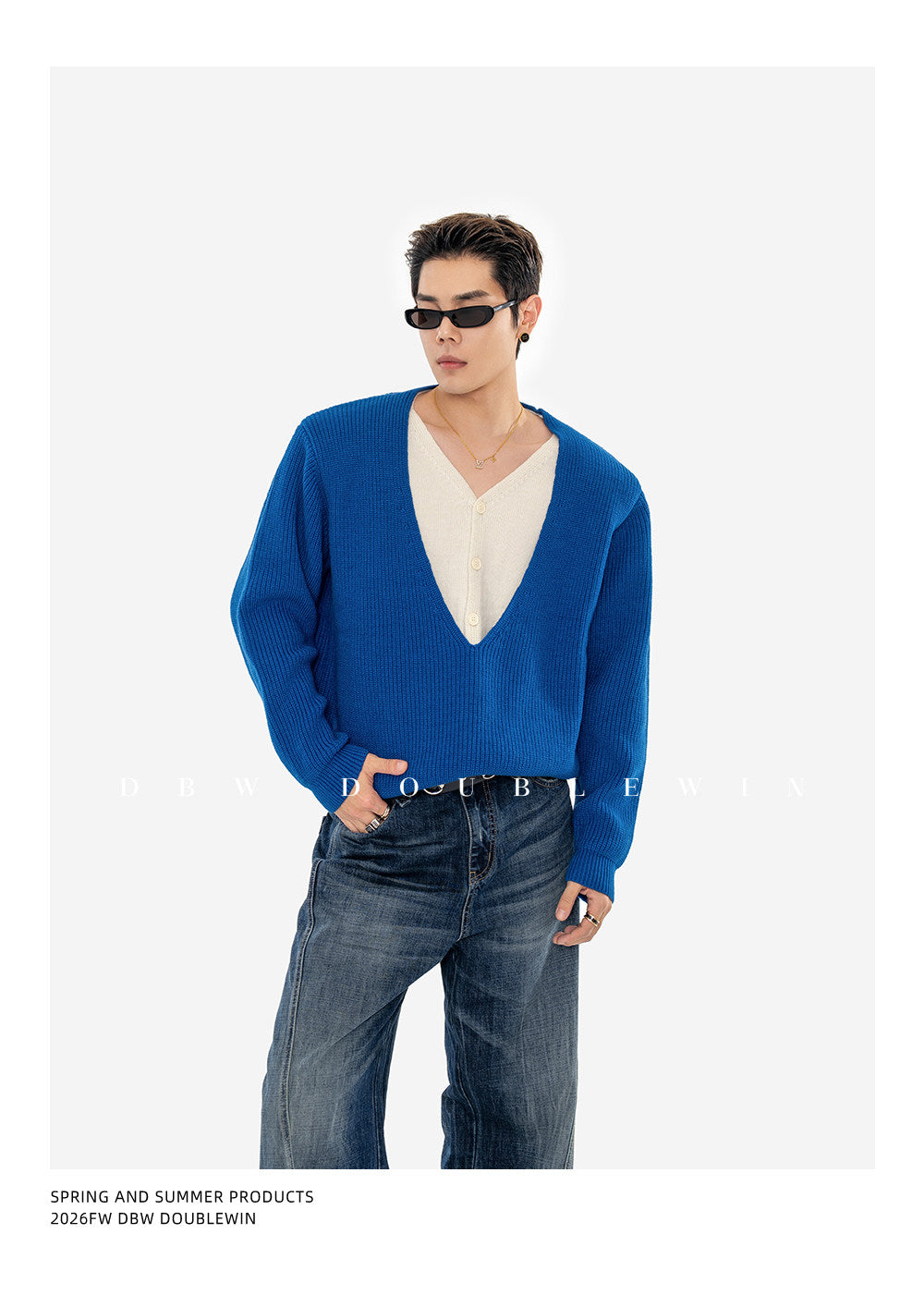 Faux Two-Piece V-Neck Knit Sweater with Shoulder Pads