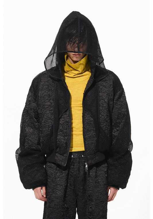 Two-layer wraparound hooded bomber jacket