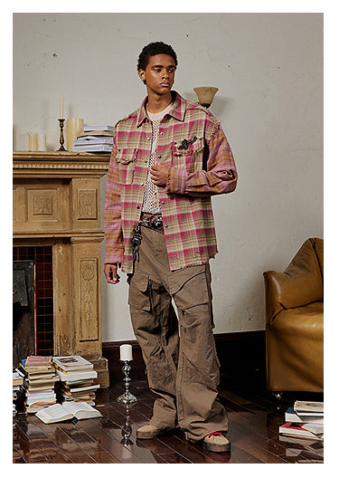 Raised raw edge split plaid shirt