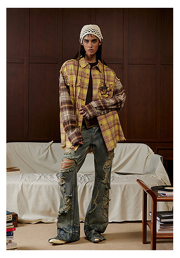 Raised raw edge split plaid shirt