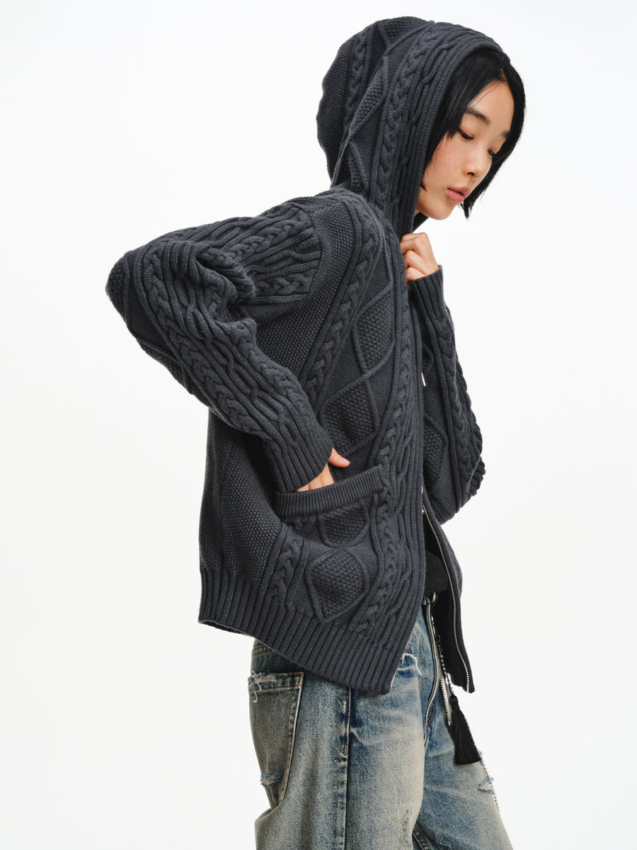 Hooded Cable-Knit Jacket