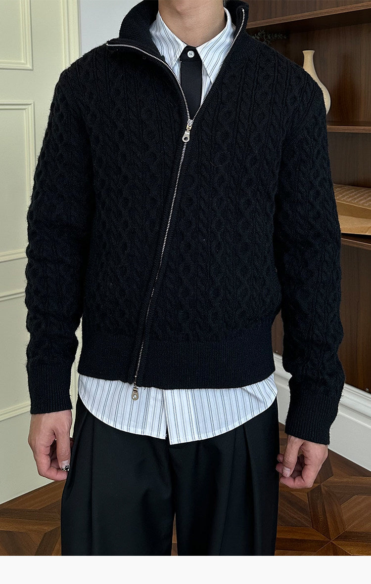 Diagonal Zipper Cable-Knit Cardigan