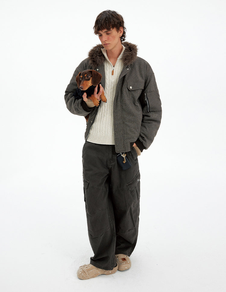 Houndstooth Fur Collar Cotton Jacket