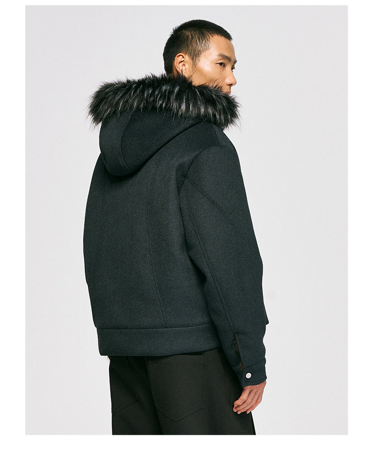 Wool jacket with fur hood