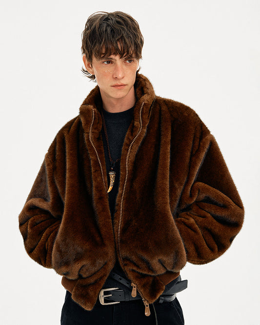 Retro Faux Fur Stand Collar Jacket