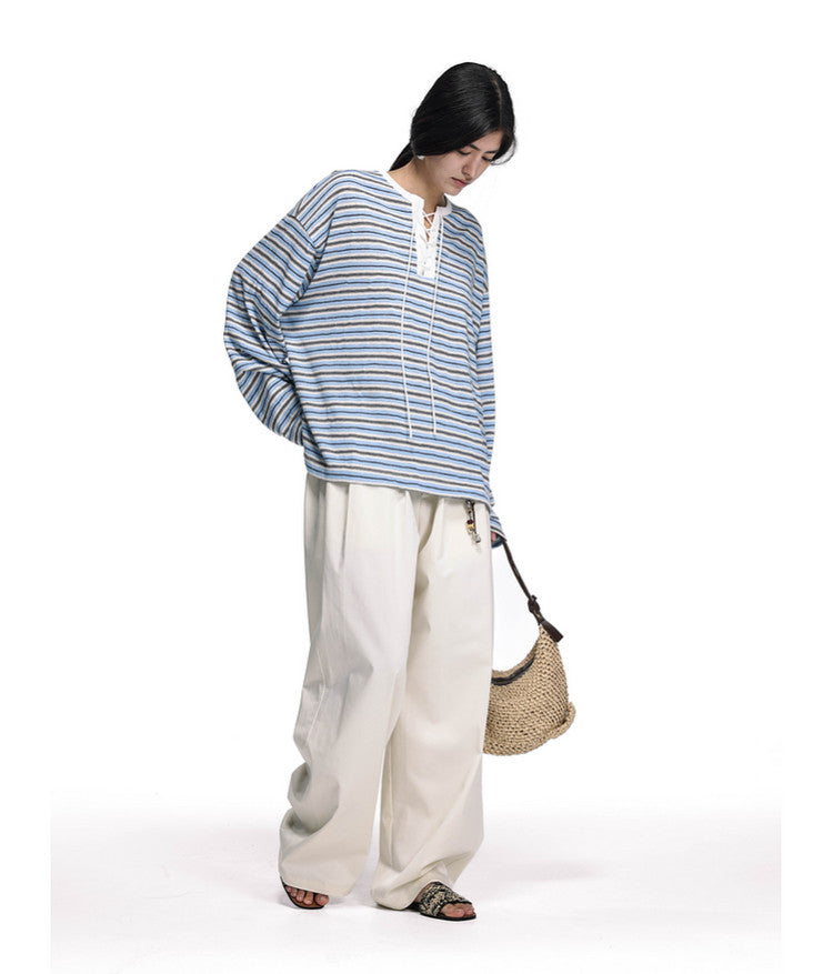 Drawstring Tie Henley Collar T-Shirt