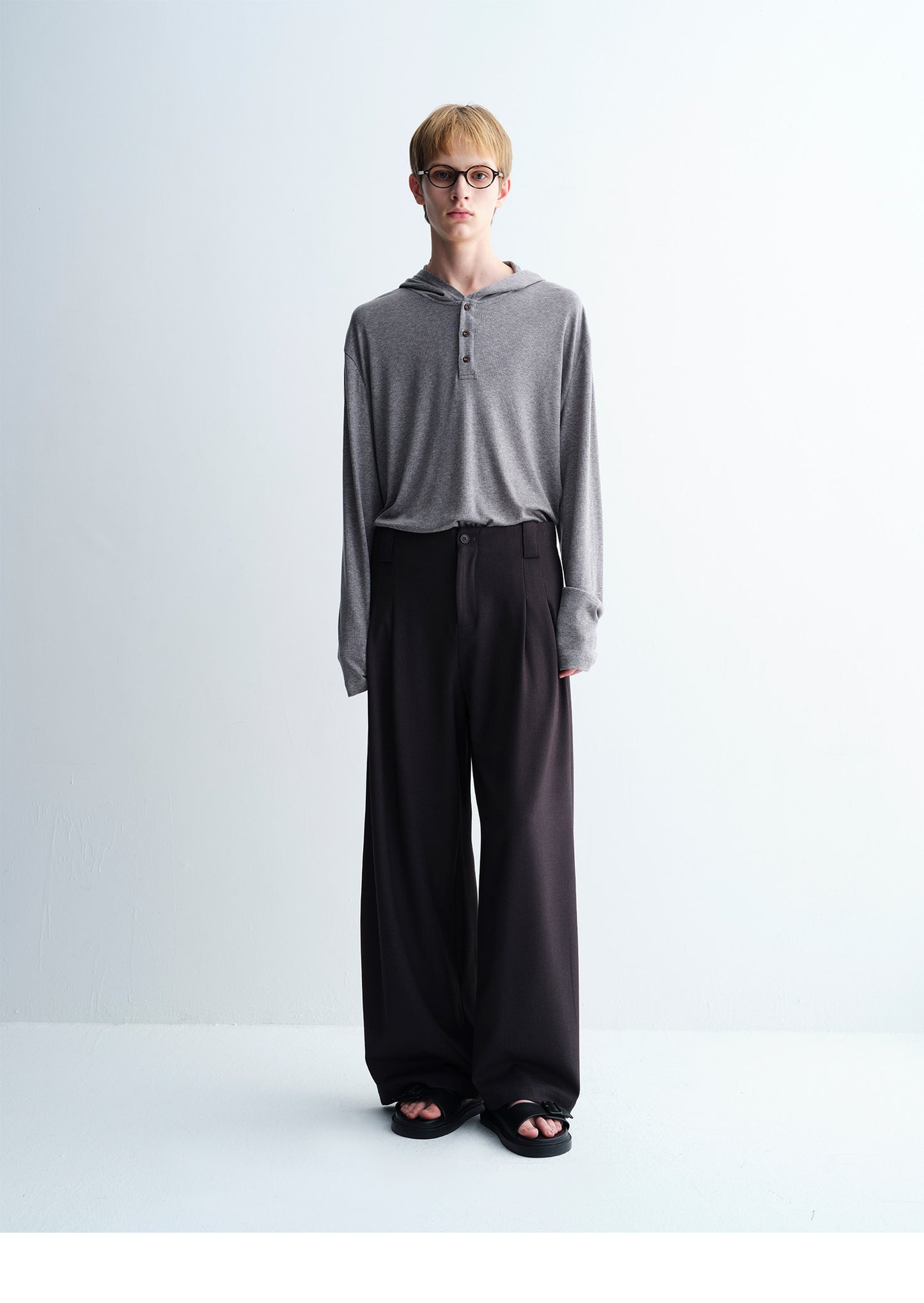 Drape Hooded Henley Collar T-Shirt