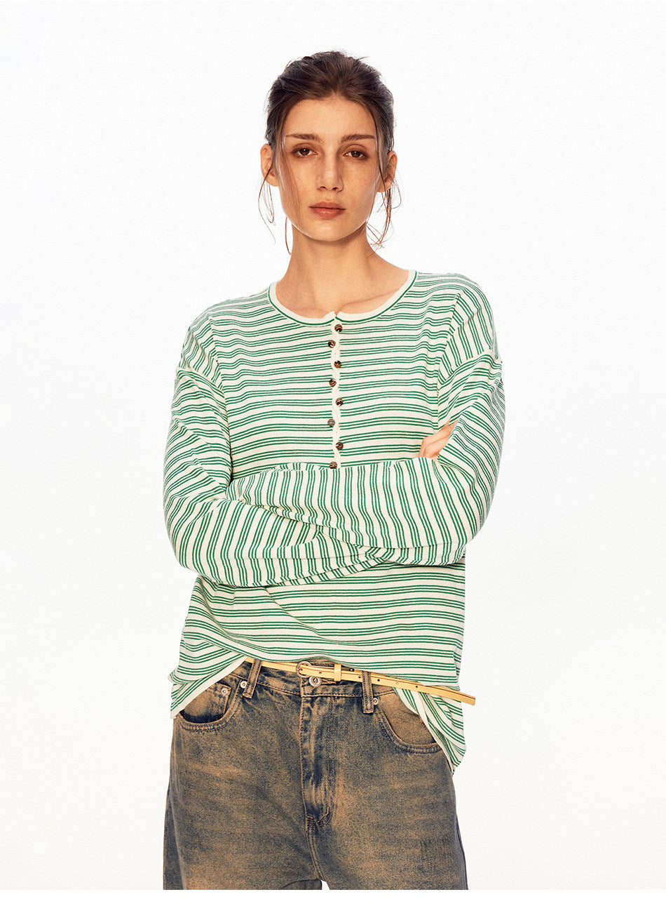 Henry-Collar Linen Striped T-Shirt