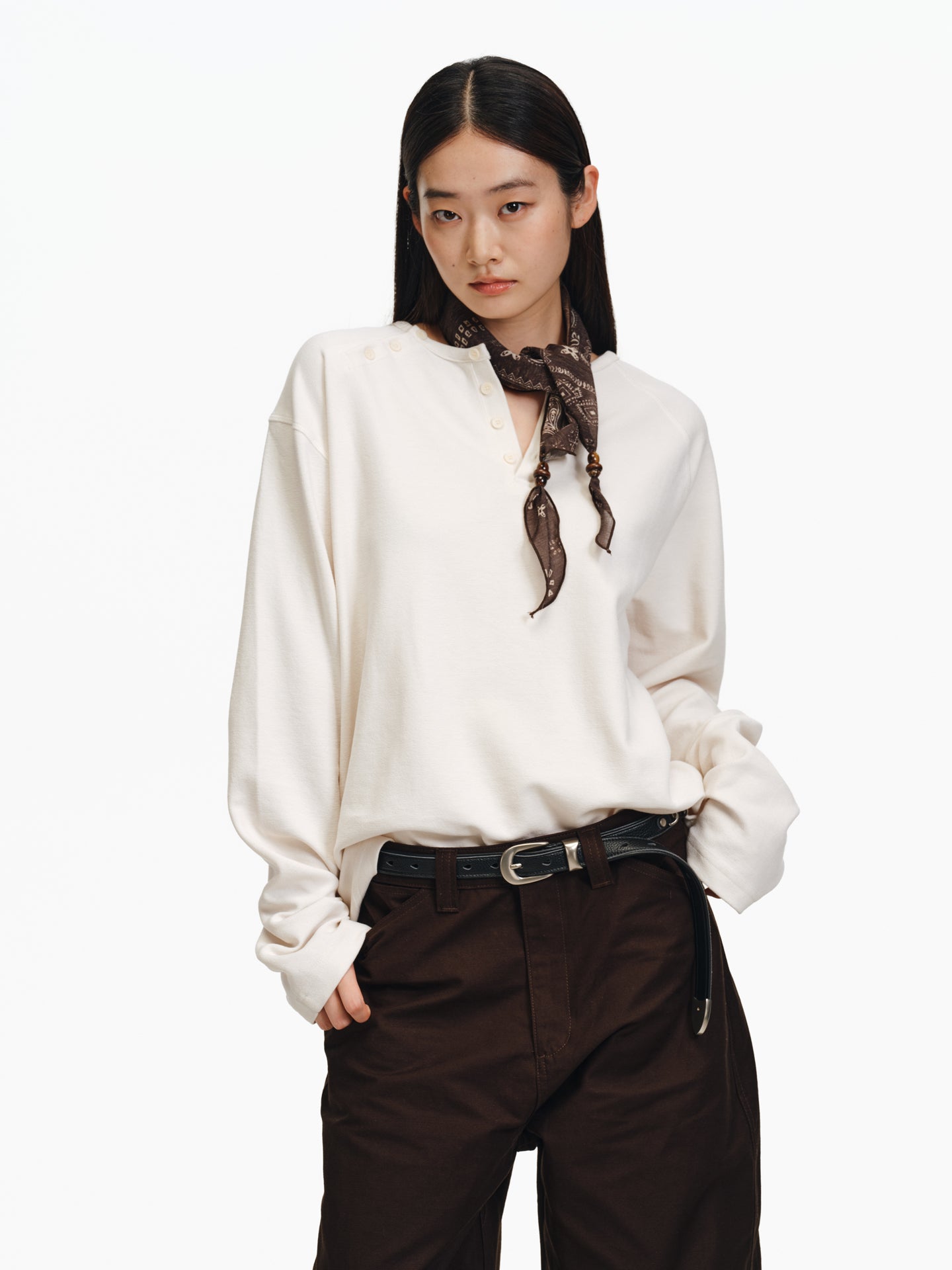 Henry Collar Diagonal Button T-Shirt