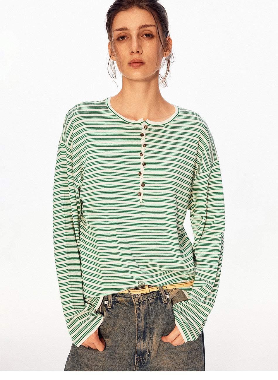 Henry-Collar Linen Striped T-Shirt