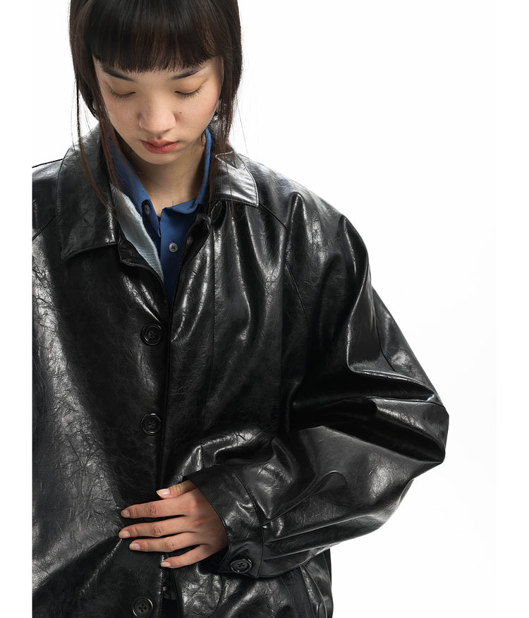 Short Wide Lapel Oil Wax Leather Jacket