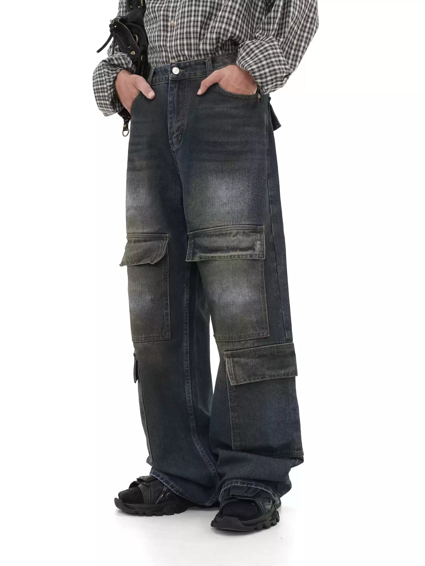 Multi-pocket dirty work denim pants