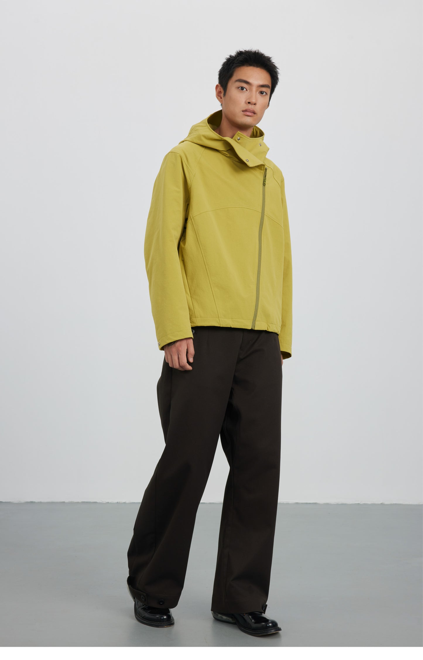 Diagonal Placket High Collar Hooded Jacket